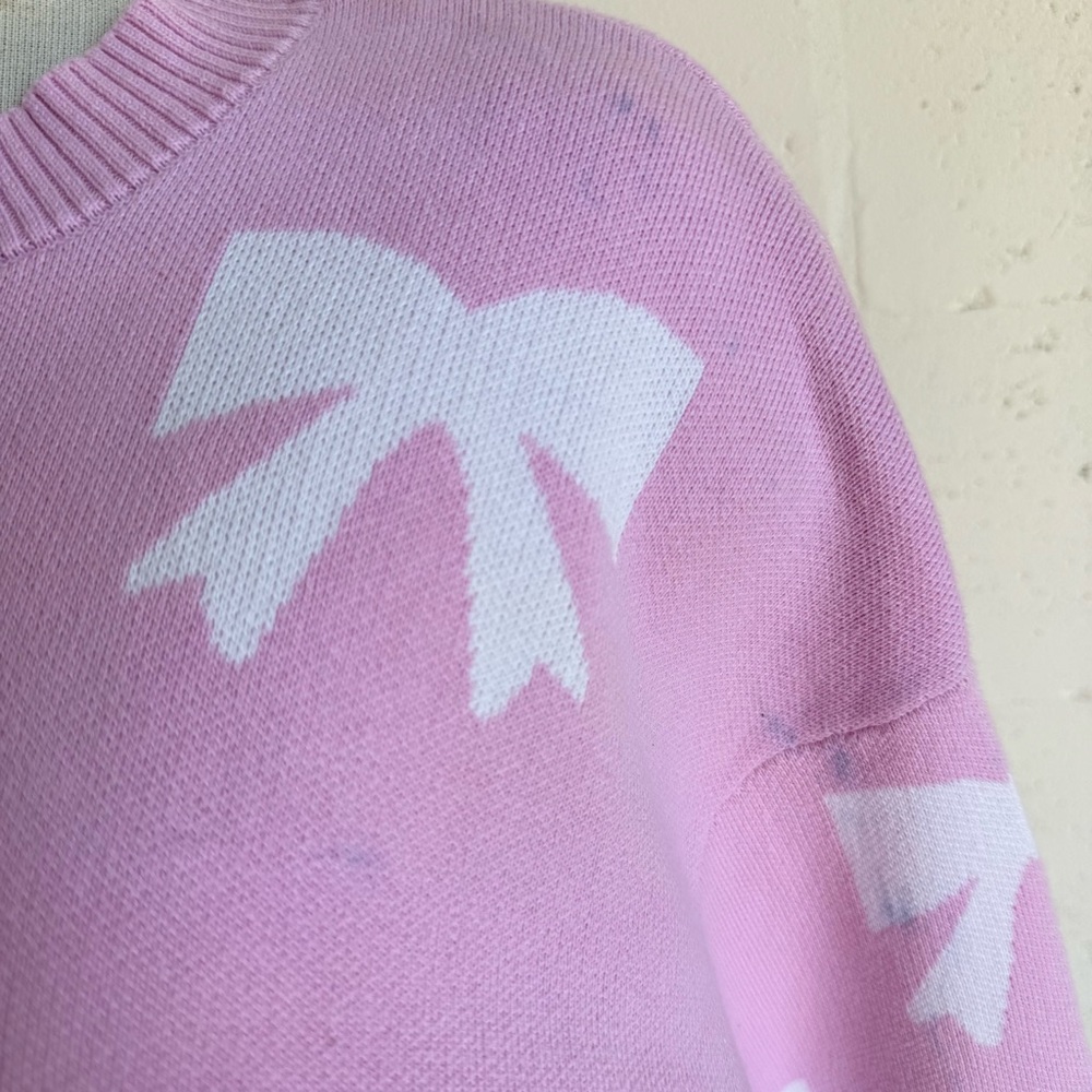 Maple Cropped Crewneck Sweater small Light Pink White Bow long sleeves knit - Picture 3 of 10